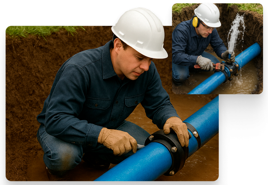 Two workers in hard hats and gloves perform Water Main Line Repair in Utah County, fixing a large blue water pipe outdoors. One tightens bolts while the other uses a wrench as water sprays from the pipe.