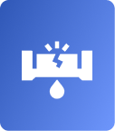 White icon of a cracked pipe with a droplet falling from the break, on a blue background, indicating a water leak or plumbing issue commonly requiring Water Main Line Repair in Utah County.