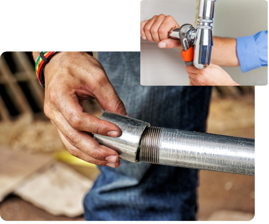 A person connects two metal pipes, showcasing the expertise found in Plumbing Services Utah County. Inset: A close-up of hands tightening a pipe fitting with a wrench.