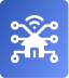 White icon of a house with lines connecting it to circles, representing a smart home network, on a blue background—perfect for illustrating advanced home services like Gas Line Repair in Utah County.