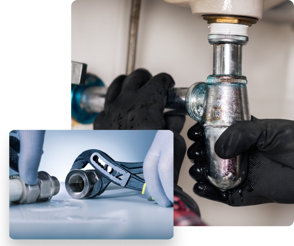 A plumber wearing black gloves uses a wrench to work on a metal drainpipe under a sink, expertly handling plumbing repairs in Utah County. An inset shows gloved hands holding plumbing fittings and a wrench, highlighting the meticulous attention to detail required for quality service.