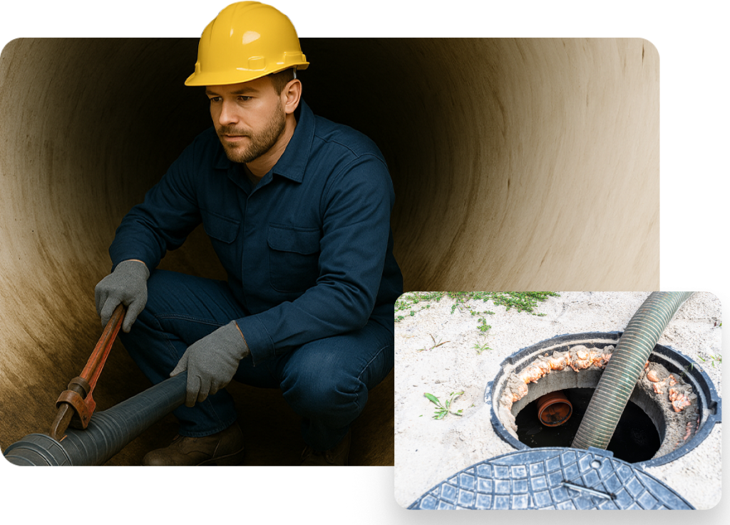A worker in a yellow hard hat and blue uniform uses a wrench inside a large pipe, demonstrating the precision involved in Sewer Line Repair Utah County; inset shows a hose inserted into a manhole opening.