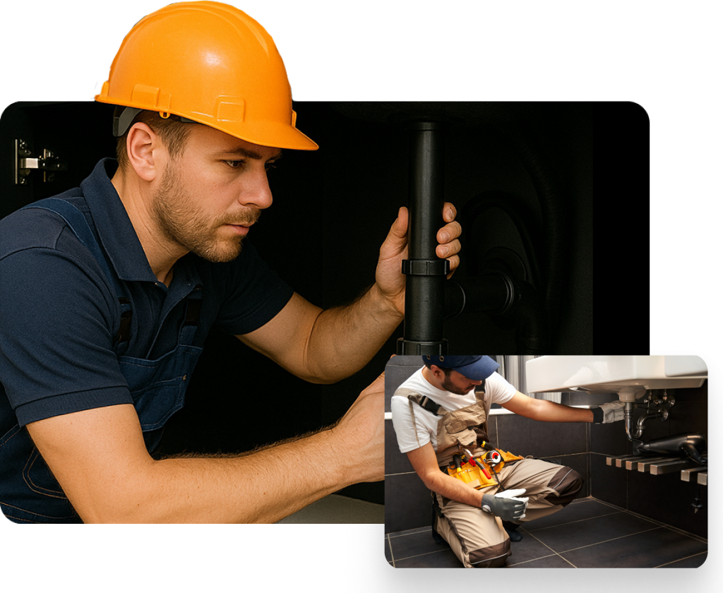 A plumber wearing a hard hat and uniform works under a sink, demonstrating the expertise you can expect from residential plumbing in Utah County. Inset image shows another plumber inspecting pipes beneath a bathroom sink with a flashlight and tool.