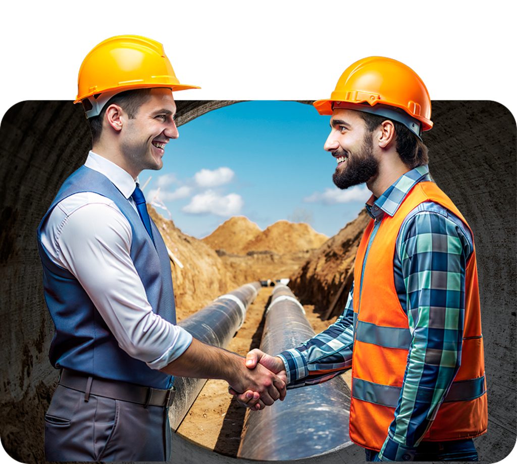 Two men in hard hats, one in business attire and one in a safety vest, shake hands at a pipeline construction site featuring new construction plumbing, with pipelines and dirt mounds in the background under a blue sky.