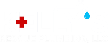 Logo for “Kelly’s Rescue Plumbing, LLC” featuring a red cross inside the letter “E,” a faucet forming the top of the “Y,” and a blue water droplet hanging from the faucet—perfectly capturing both emergency service and new construction plumbing expertise.