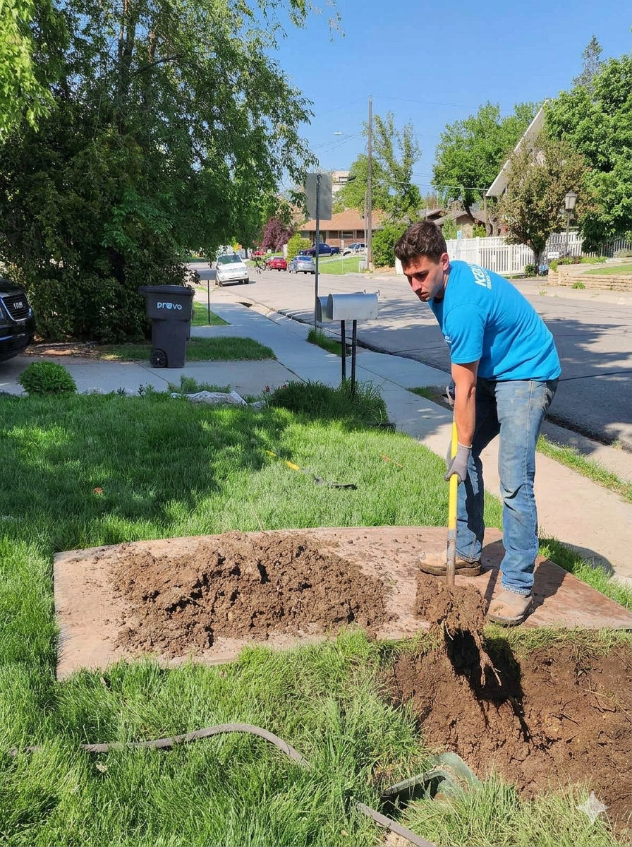 A man in a blue shirt, part of a skilled plumbing team in Utah County, digs a hole in a grassy yard with a shovel on a sunny day. Dirt is piled on a tarp beside him, and houses and trees line the street in the background.